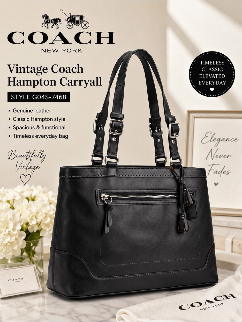 Vintage Coach Hampton Carryall Handbag in Black (Style G04S-7468).